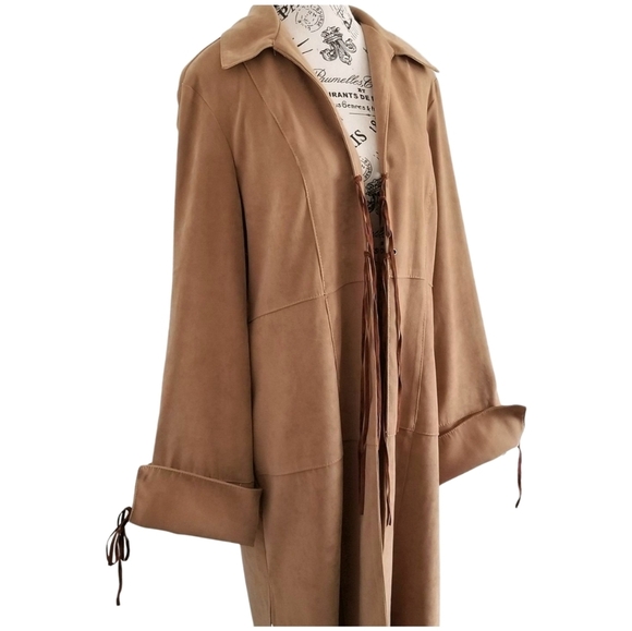 90s tan boho chic cardigan with leather lace details - Picture 2 of 4